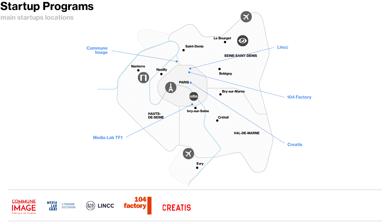 映画、テレビ、ニューメディア - Map of Startup Programs Specialized in Tv, Cinema, Media in Paris Region_1