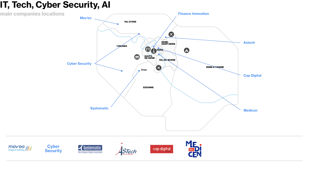 IT, Tech, Cyber Security, AI - Map of Main Companies Locations in Paris Region IT, Tech, Cyber Security, AI - Map of Main Companies Locations in Paris Region